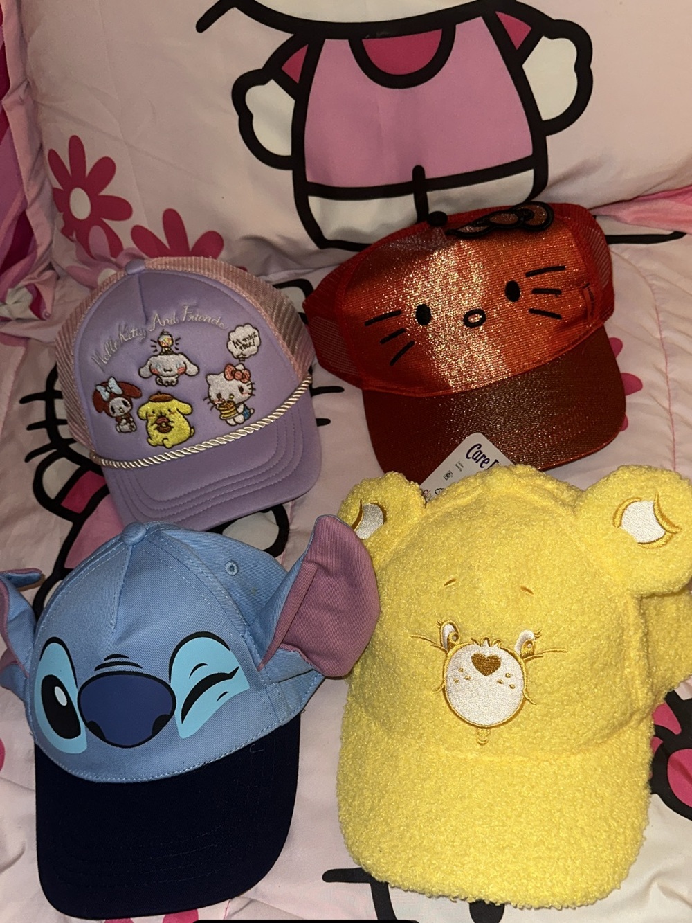 Care Bears Yellow Fuzzy Plush Cap , Lilo and stitch , hello kitty 2x